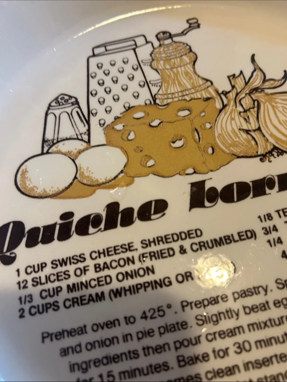 Vintage Ceramic Pie Plate with Recipe Graphic - White and Yellow